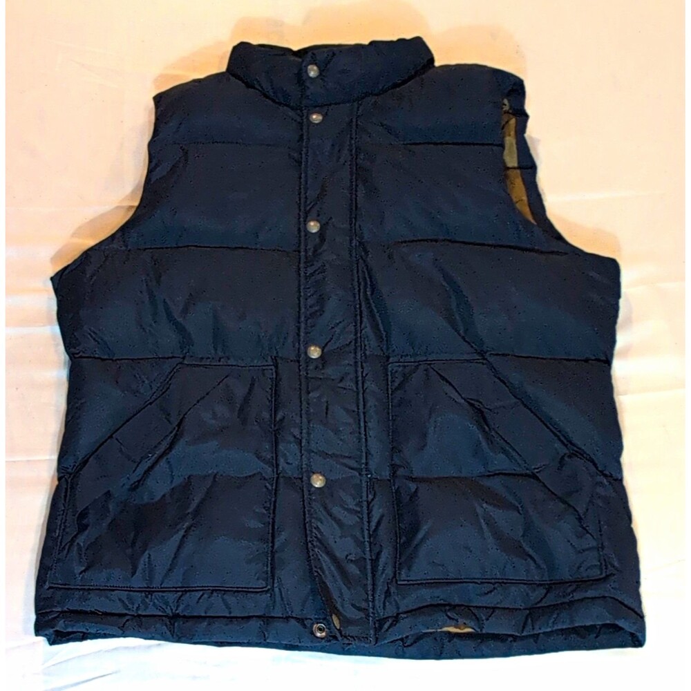 Lands' End Men’s Blue Puffer Vest Full Zip Snap Stand-Up Collar Down Size L
